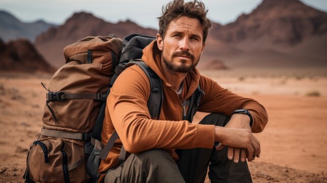 Photo of a man sitting in the vast desert landscape with a backpack created with Generative AI technology