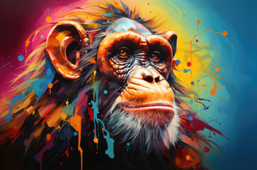 AI-generated stock photo: Old grey-haired monkey on colorful background.
