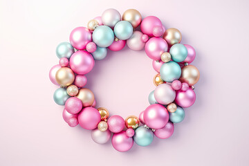 Christmas wreath made of pastel pink small ornaments 