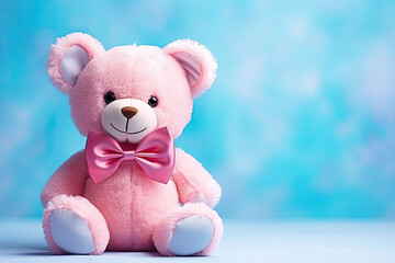 Cute toy bear with a bow on the pastel background 