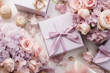 Pink Christmas gift with a bow with flowers