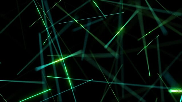 Glowing green and blue laser beams motion background with flashing fast moving lasers. This science and technology background is full HD and a seamless loop.