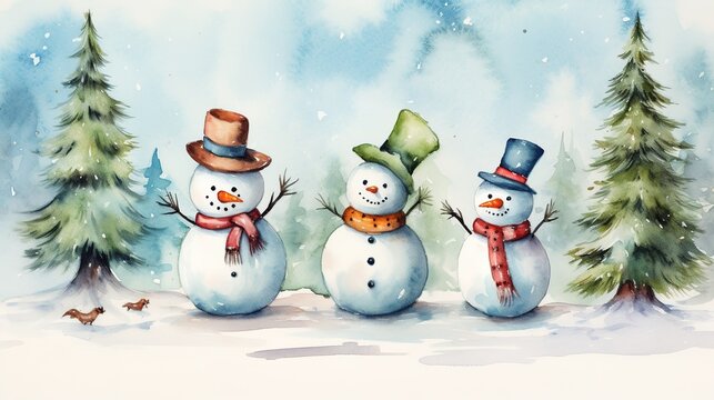 Cute snowman in the snow painted in watercolor. Winter season .Generative AI