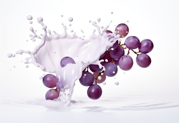 Grapes splash with fresh white milk on white background