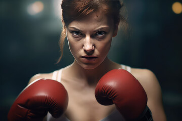  Young Woman athlete in boxing fight pose with gloves for box, angry face portrait.