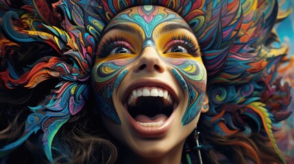 A woman with a colorful face painting on her face. AI.