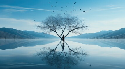 A lone tree stands in the middle of a lake. AI.