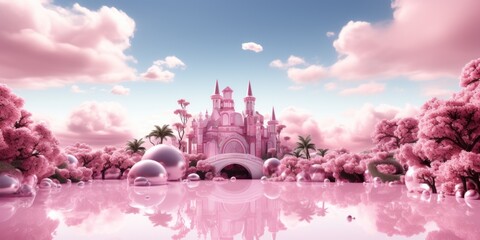 A pink castle surrounded by trees and water. AI.