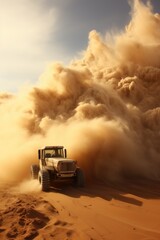 Fototapeta na wymiar A jeep driving in the desert with a large amount of sand behind it. AI.