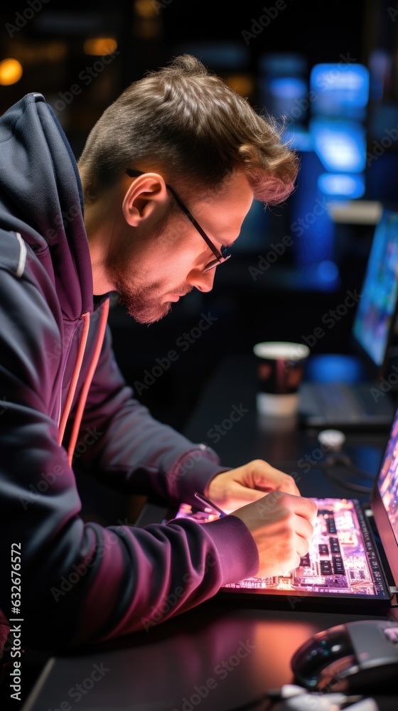 Canvas Prints A man sitting at a desk using a laptop computer. AI.