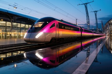 Fototapeta na wymiar A pink and silver train on a track next to a train station. AI.