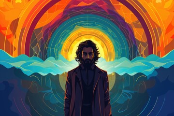 A man standing in front of a colorful background. AI.