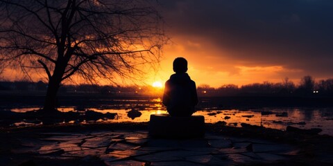 A silhouette of a person sitting in front of a sunset. AI.