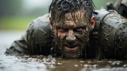 A man covered in mud laying on the ground. AI.