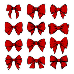 Vector Red Bow Tie or Gift Bow with Outline, Cut Out Icon Set Isolated on White Background. Bows Collection. Bow Design Template