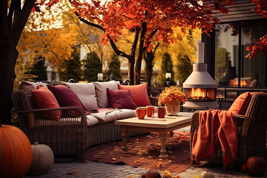 A backyard patio with elegant outdoor furniture , autumn home decor