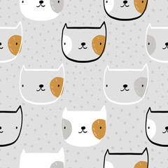 Vector hand-drawn seamless repeating childish simple pattern with cute cats in Scandinavian style. Polka dot. Children's texture with kittens, kitty print. Pets. Funny animals sketch.