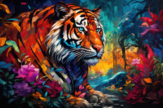 Abstract Tiger Illustration: AI-generated stock image depicting a tiger in abstract and colorful forms.