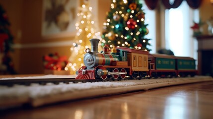 Toy Locomotive Under the Christmas. Toy Train Under the Christmas. New Year's toy locomotive. Christmas Presents. Happy New Year. Merry Christmas. Christmas Tree. - obrazy, fototapety, plakaty