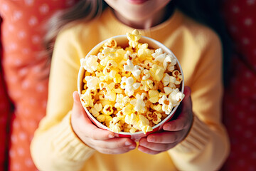 Close-up of little girls' hands reaching for popcorn 