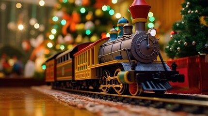 Toy Locomotive Under the Christmas Tree. Toy Train Under the Christmas. New Year's toy locomotive. Christmas Presents. Happy New Year. Merry Christmas. Christmas Tree. - obrazy, fototapety, plakaty