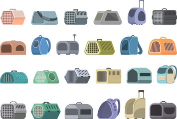 Pet carrier icons set cartoon vector. Cat box. Cage crate