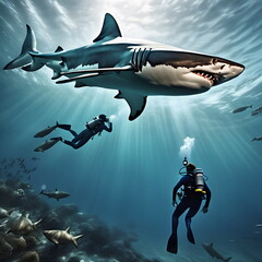 divers in the water with a great white shark. ai generative