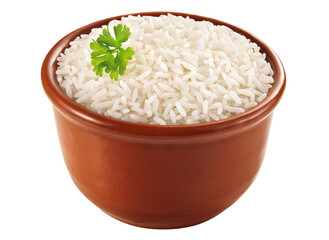 cumbuca de barro com porção de arroz branco com salsa isolado em fundo transparente