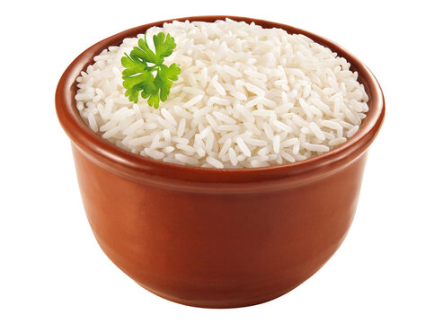 cumbuca de barro com por&ccedil;&atilde;o de arroz branco com salsa isolado em fundo transparente