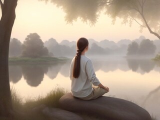 Girl meditating, back view, misty landscape with river and trees. Meditates in nature, mindfulness and relaxation.
