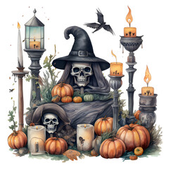 Watercolor painting abtract colorpastel tone set with pumpkin candle, witch hat, spooky ghost, dead man, zombie hand,on graveyard tomb, skull, midnight owl, spider on white background.