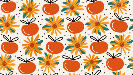 cute seamless vector pattern background illustration with hand drawn yellow flowers and red apples