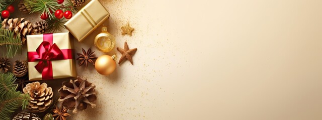 Christmas decoration composition on light gold background with beautiful Golden gift box with red ribbon, fir branches, cones, stars, Christmas cookies,cinnamon, top view, copy space, banner format