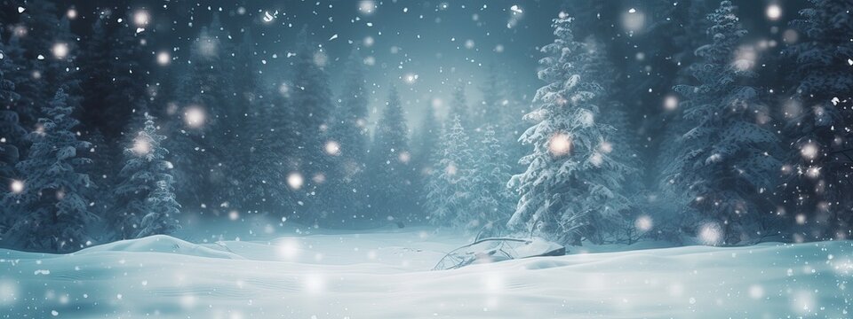 Blurry image of a winter forest, small snowdrifts and light snowfall - a beautiful winter-themed background wide format