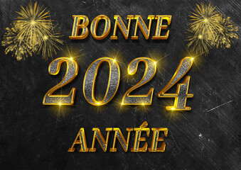 Fototapeta na wymiar carte ou bandeau pour souhaiter une bonne année 2024 en or et gris sur un fond noir et gris avec des feux d'artifices de couleur or