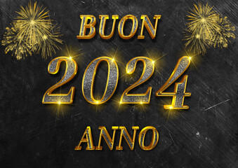 Fototapeta na wymiar biglietto o striscione per augurare un felice anno nuovo 2024 in oro e grigio su sfondo nero e grigio con fuochi d'artificio color oro