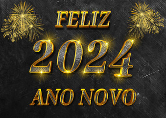 Fototapeta na wymiar cartão ou banner para desejar um feliz ano novo de 2024 em ouro e cinza em um fundo preto e cinza com fogos de artifício dourados