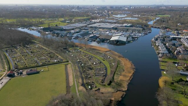 Aerial drone view of a marina in Warmond, the Netherlands