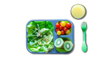 Collapsible silicon lunch box with food, green salads, tomatoes, kiwi, orange juice, isolated on transparent or white background, png, healthy food
