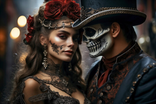 Halloween couple in costumes with skull makeup. Day of The Dead.