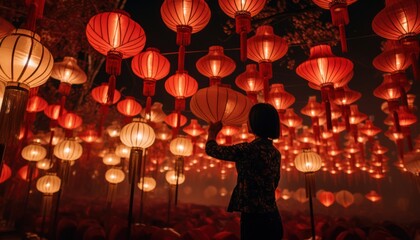 Photo of a woman surrounded by vibrant red lanterns the Lunar New Year