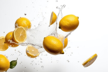 Lemons Flying On White Background, Floating In The Air. Generative AI - obrazy, fototapety, plakaty