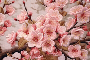 Japanese Embroidery Captures The Elegance Of Cherry Blossoms And Nature. Generative AI