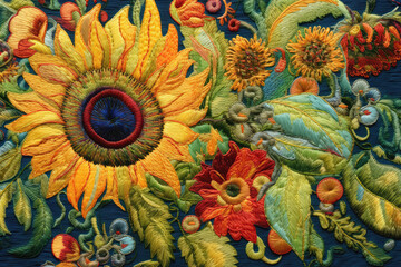 Lively Sunflowers Bloom In Vibrant Embroidered Tapestry. Generative AI
