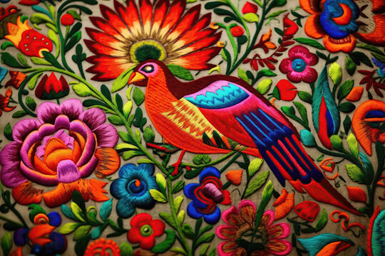 Intricate Mexican Embroidery Showcases Vibrant Floral Motifs And Patterns. Generative AI