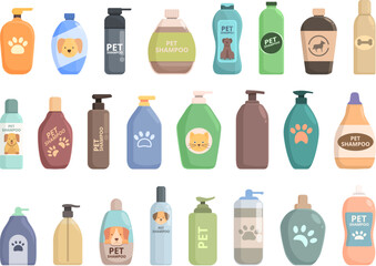 Pet Shampoo icons set cartoon vector. Container skin. Medical bottle