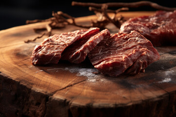 Photorealistic Food: Close-up of Dried Beef on Wooden Board. Generative AI