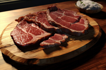 Fototapeta premium Photorealistic Food: Close-up of Dried Beef on Wooden Board. Generative AI