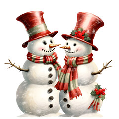 watercolor illustration, merry snowman symbol winter, children's illustration, new year, retro style, vintage snowman