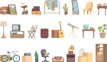 Flea market icons set cartoon vector. Store sell. Used garage